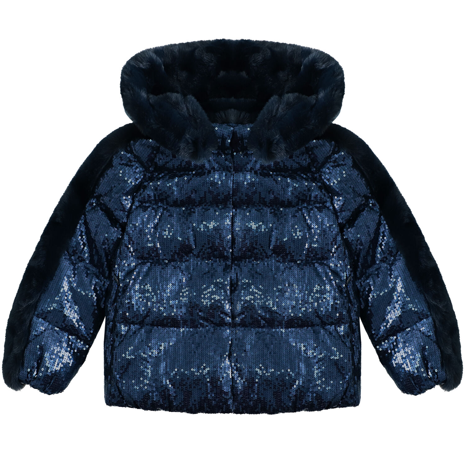 Girls Navy Sequin Hooded Jacket, 1, hi-res