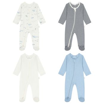Baby Boys White & Blue Babygrows ( 4 Pack )