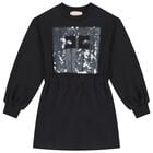 Girls Black Embellished Logo Dress, 1, hi-res