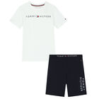 Boys White & Navy Logo Shorts Set, 1, hi-res