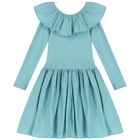 Girls Turquoise Ruffled Long Sleeve Dress, 2, hi-res