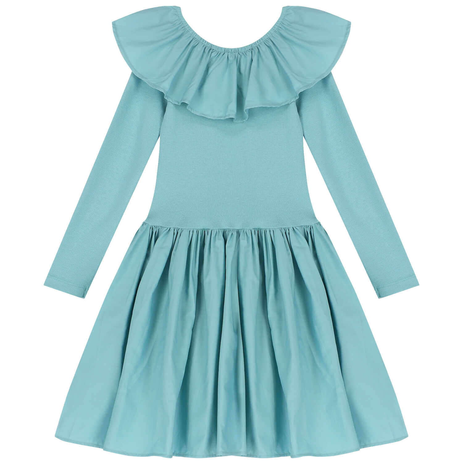 Girls Turquoise Ruffled Long Sleeve Dress, 2, hi-res