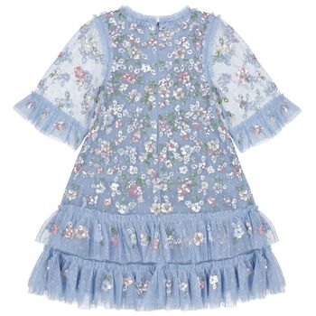 Girls Blue Floral Tulle & Sequin Dress