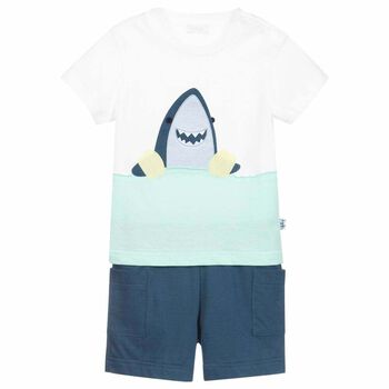 Younger Boys White & Navy Shorts Set