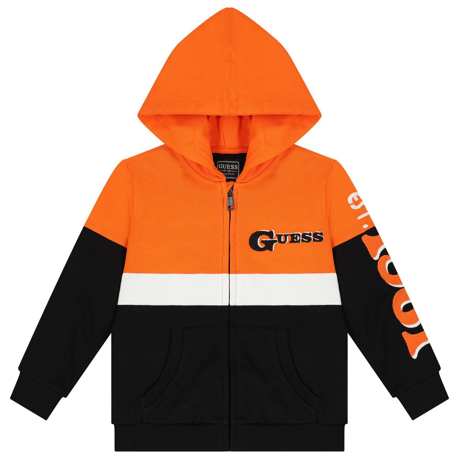 Boys Orange & Black Logo Hooded Zip Up Top, 1, hi-res image number null