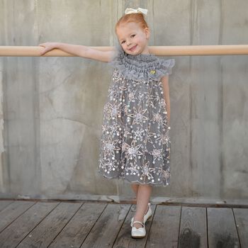 Girls Grey Flower Sequin Tulle Dominique Dress