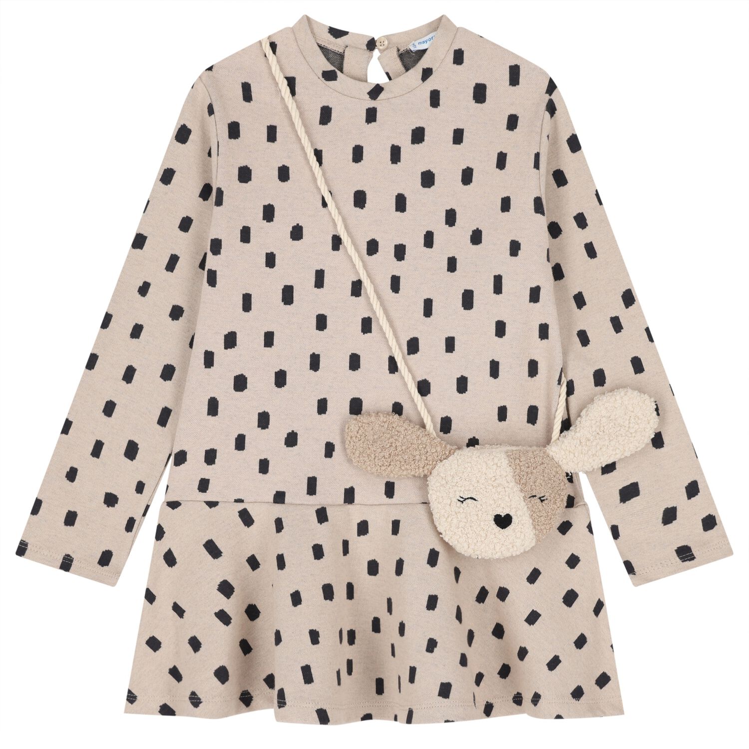 Girls Beige & Black Spot Dress Set, 2, hi-res