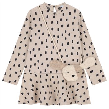 Girls Beige & Black Spot Dress Set