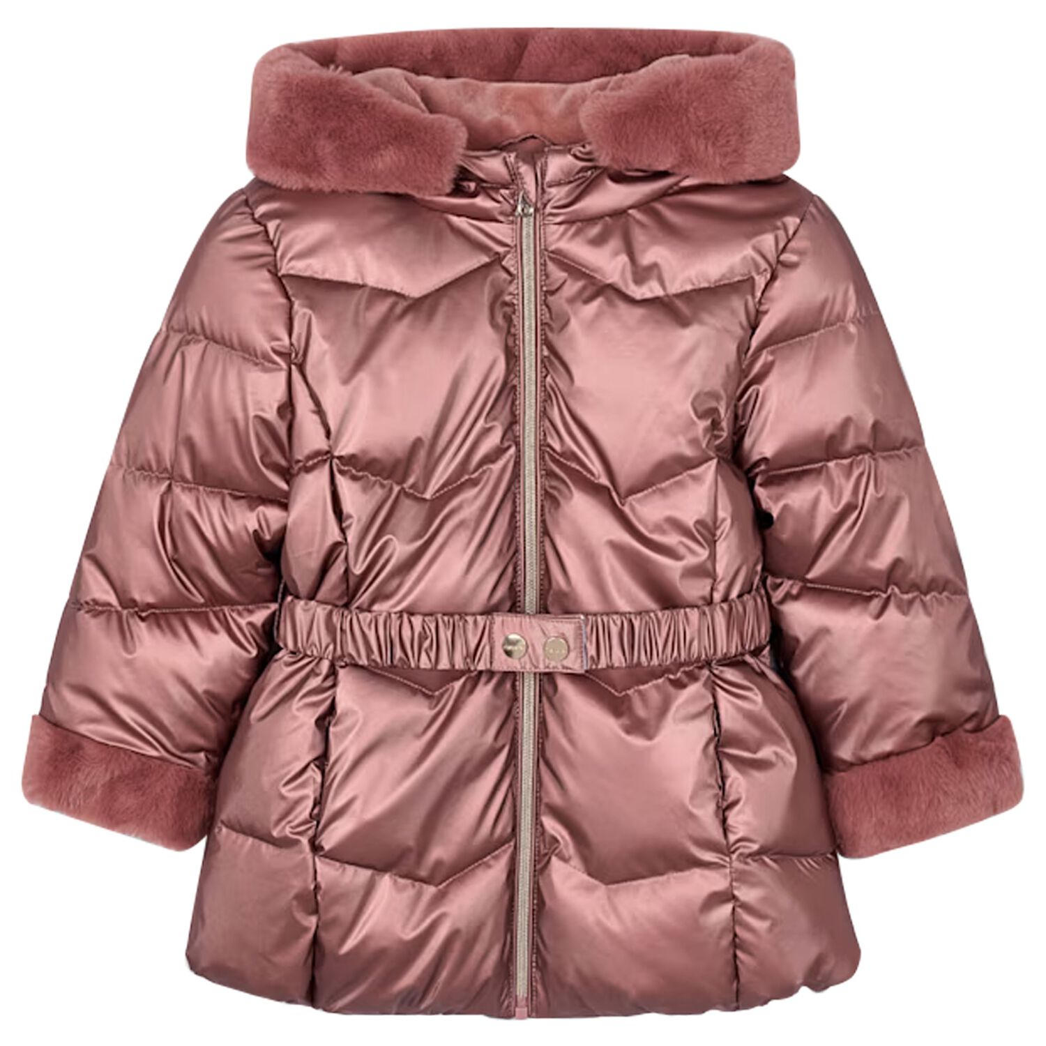 Girls Metallic Pink Hooded Puffer Coat, 1, hi-res