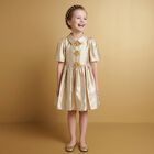 Girls Gold Flower Satin Twill Dress, 1, hi-res