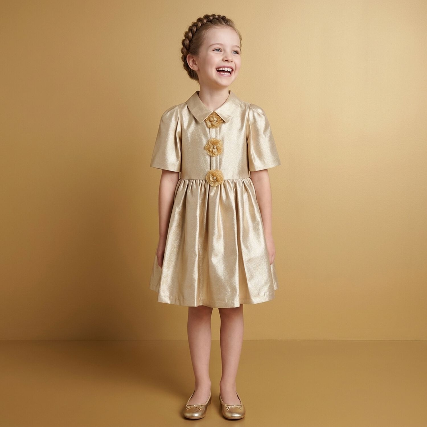 Girls Gold Flower Satin Twill Dress, 1, hi-res