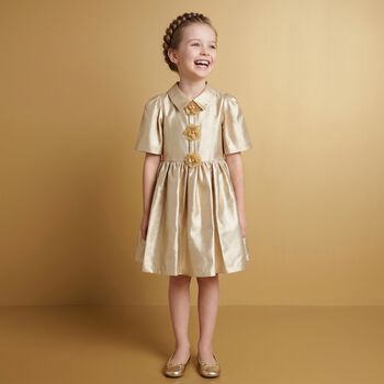 Girls Gold Flower Satin Twill Dress