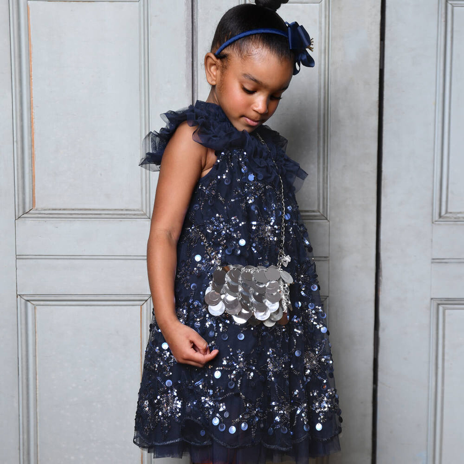 Girls Navy Blue Embellished Tulle Dress, 4, hi-res