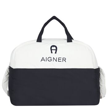 White & Navy Blue Logo Baby Changing Bag
