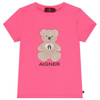 Girls Pink Teddy Bear Logo T-Shirt