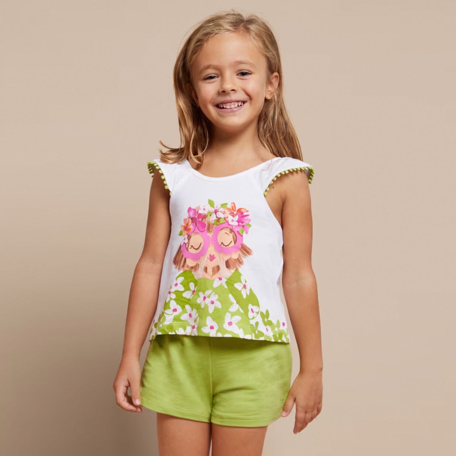 Girls White & Green Shorts Set, 1, hi-res