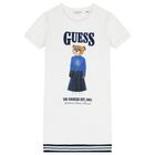 Girls White Teddy Bear Logo Dress, 1, hi-res