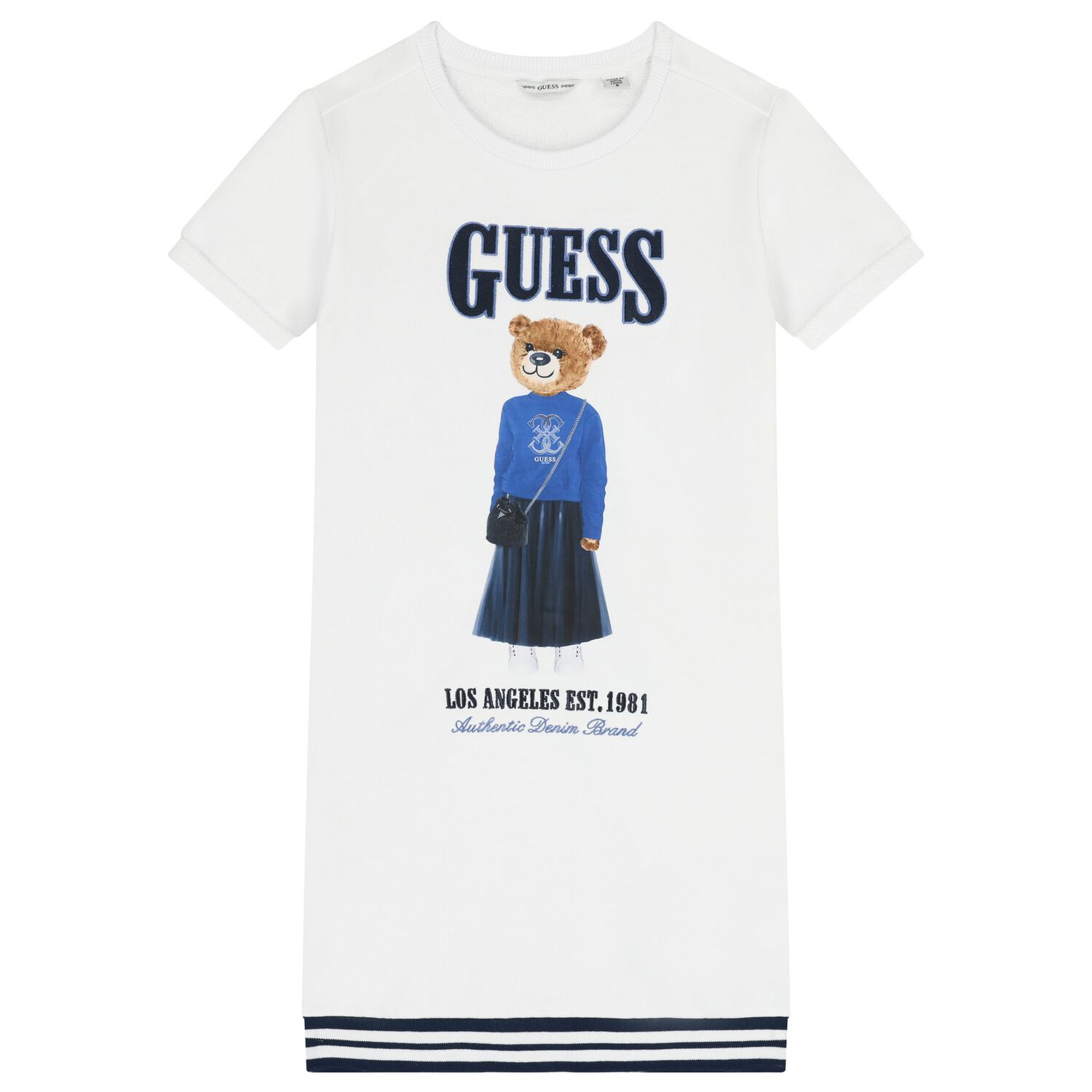 Girls White Teddy Bear Logo Dress, 1, hi-res
