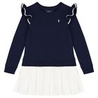Girls Navy Blue & White Logo Dress, 1, hi-res