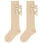 Girls Beige & Gold Bow Knee High Socks, 1, hi-res