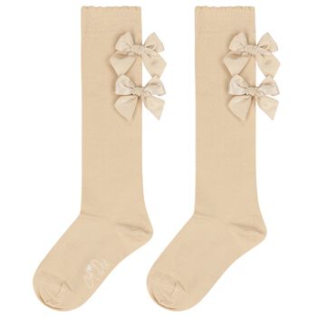 Girls Beige & Gold Bow Knee High Socks