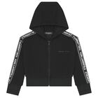 Girls Black Logo Hooded Zip Up Top, 1, hi-res