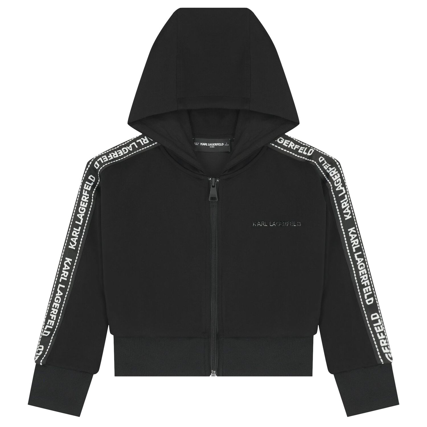 Girls Black Logo Hooded Zip Up Top, 1, hi-res