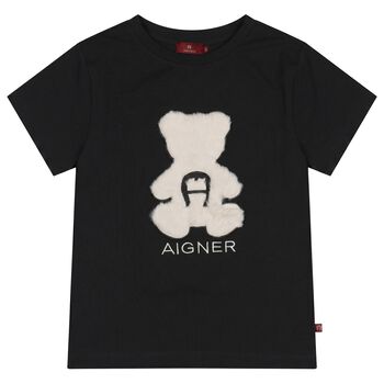 Girls Black Faux Fur Teddy Bear Logo T-Shirt