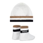 White Logo Hat & Booties Baby Gift Set, 1, hi-res