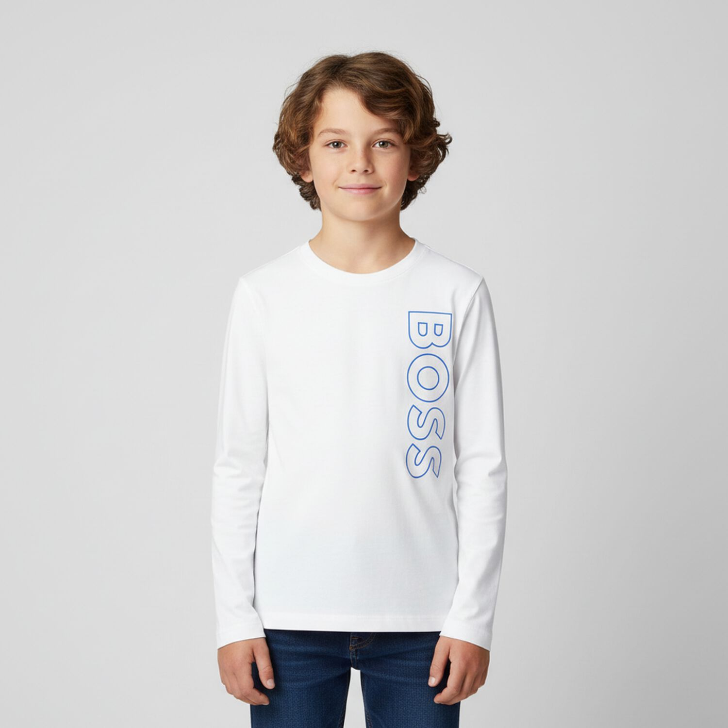 Boys White Logo Long Sleeve Top, 1, hi-res