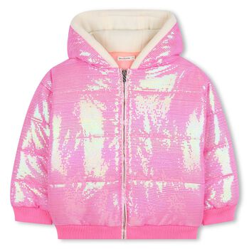 Girls Pink Hooded Sequin Puffer Jacket