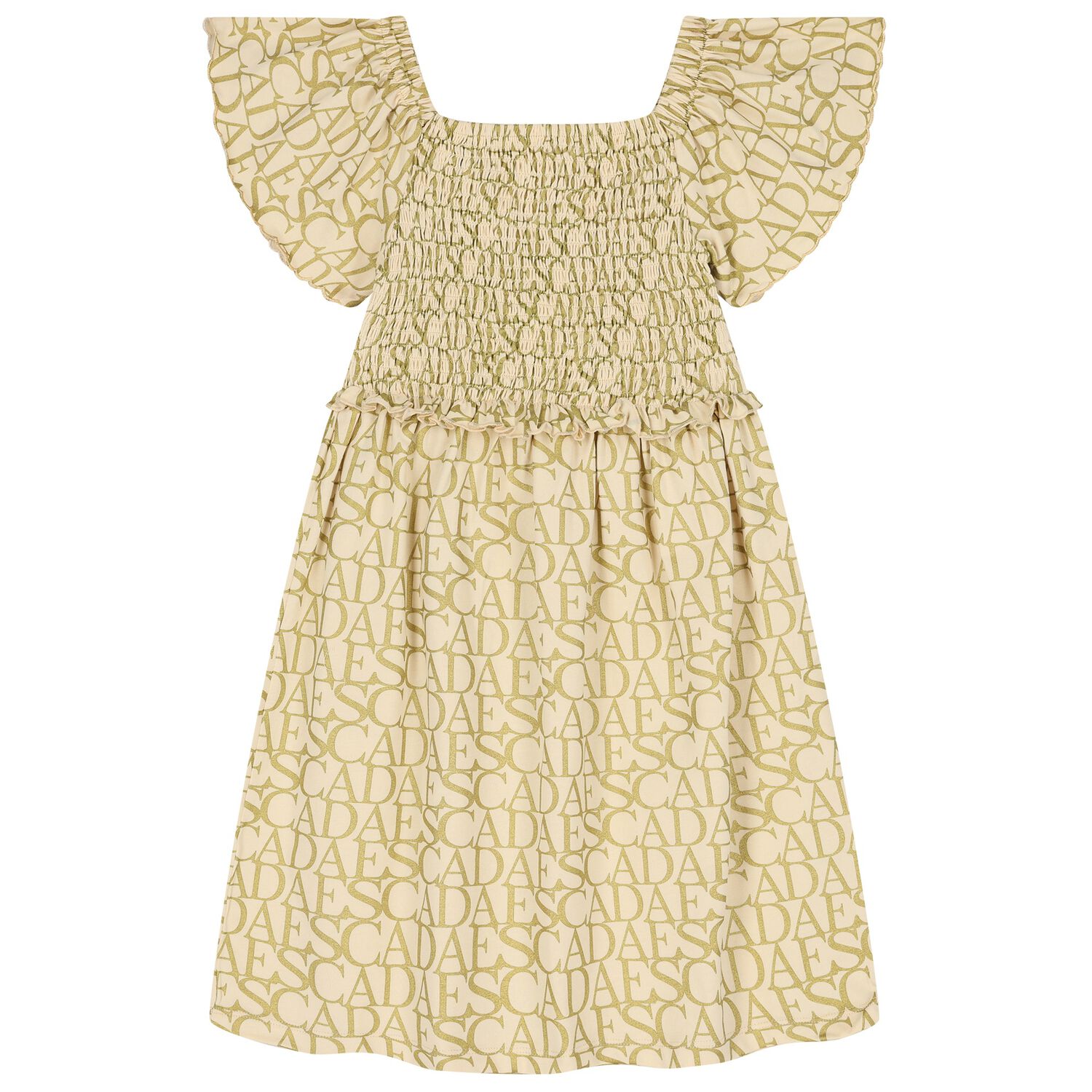 Girls Beige & Gold Logo Smocked Dress, 1, hi-res
