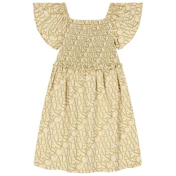Girls Beige & Gold Logo Smocked Dress