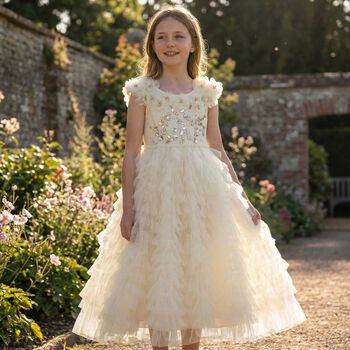 Girls Beige Sequin Embellished Tulle Dress