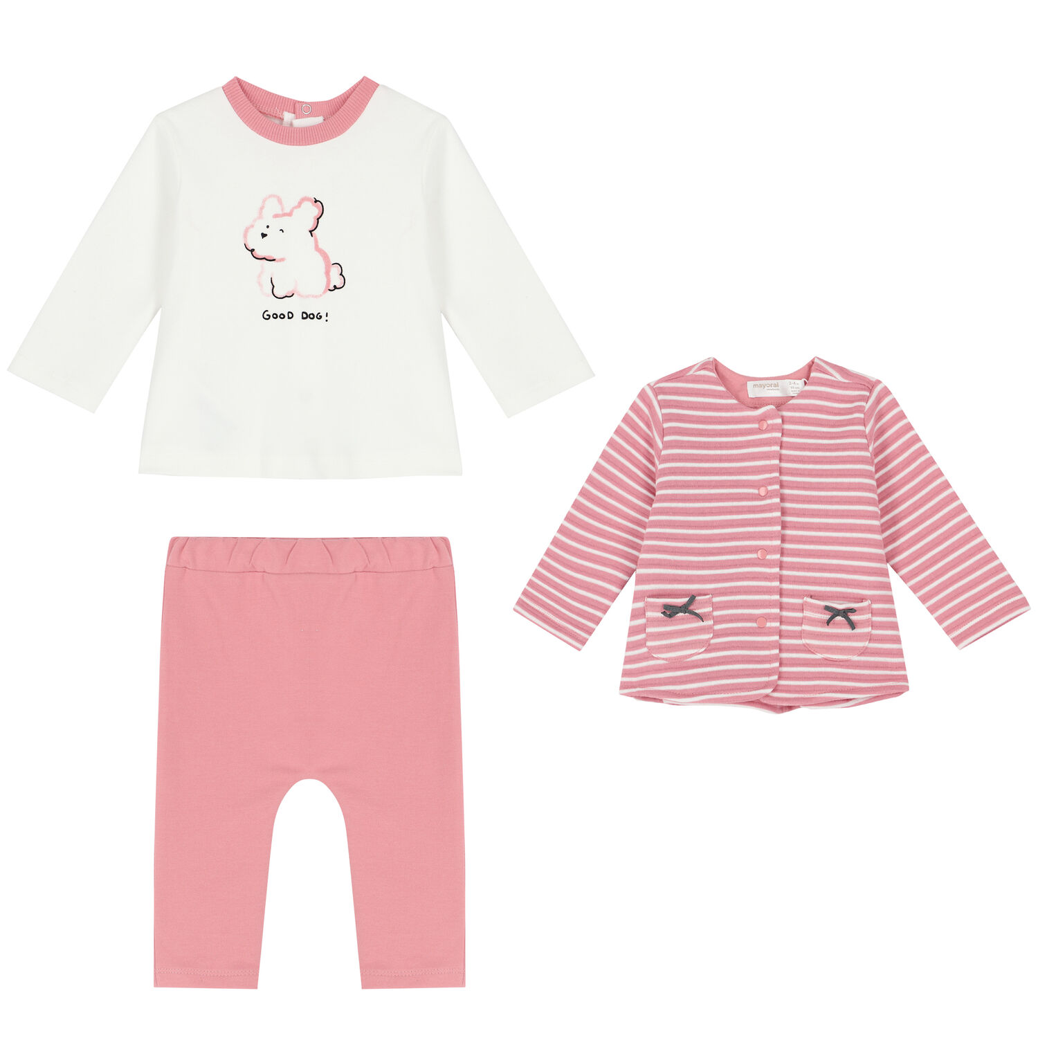 Baby Girls Pink & White 3 Piece Tracksuit, 1, hi-res image number null