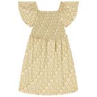 Girls Beige & Gold Logo Smocked Dress, 1, hi-res