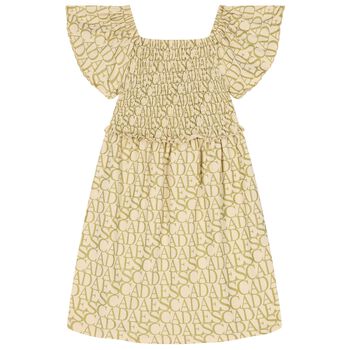 Girls Beige & Gold Logo Smocked Dress