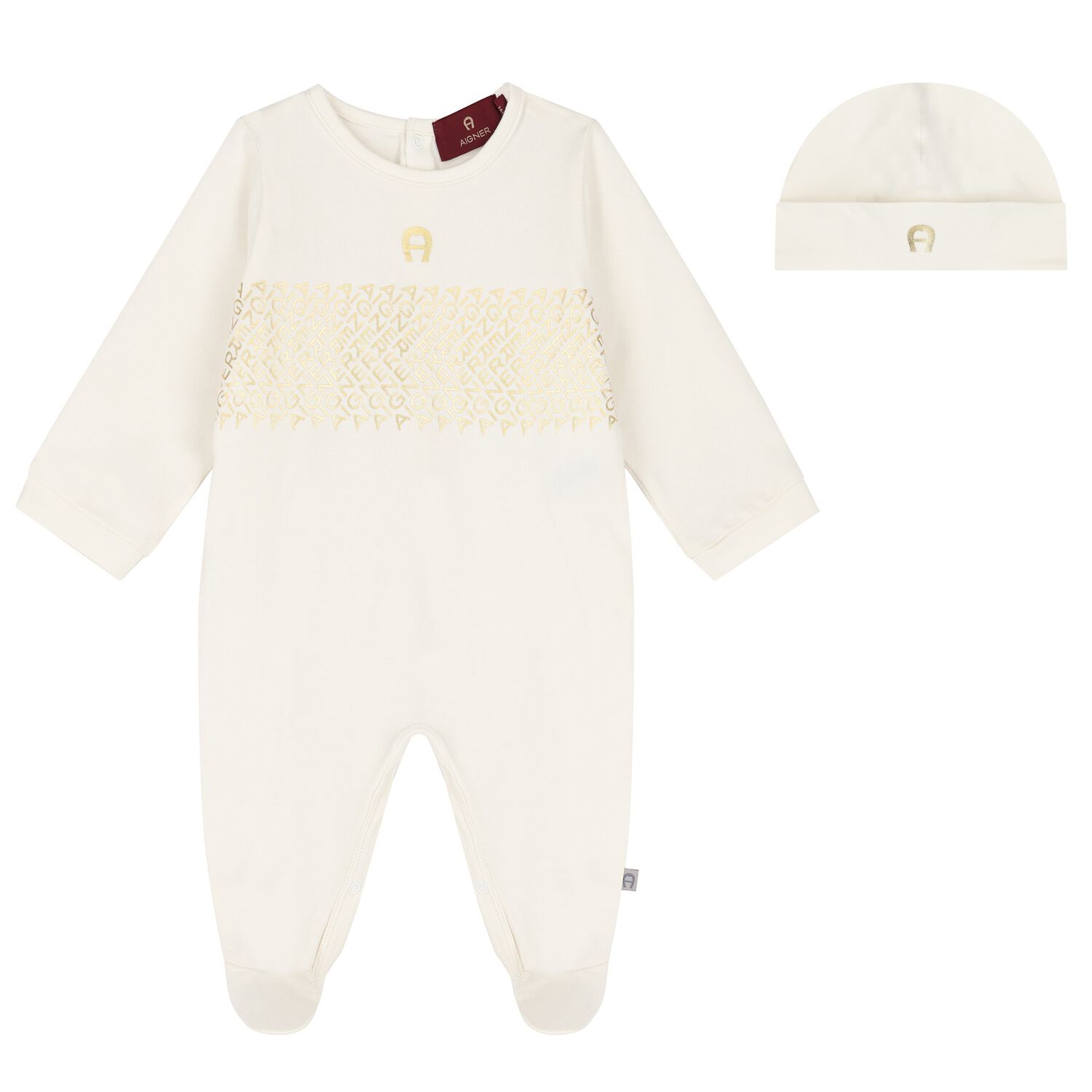 Ivory & Gold Logo Babygrow & Hat Gift Set, 1, hi-res image number null