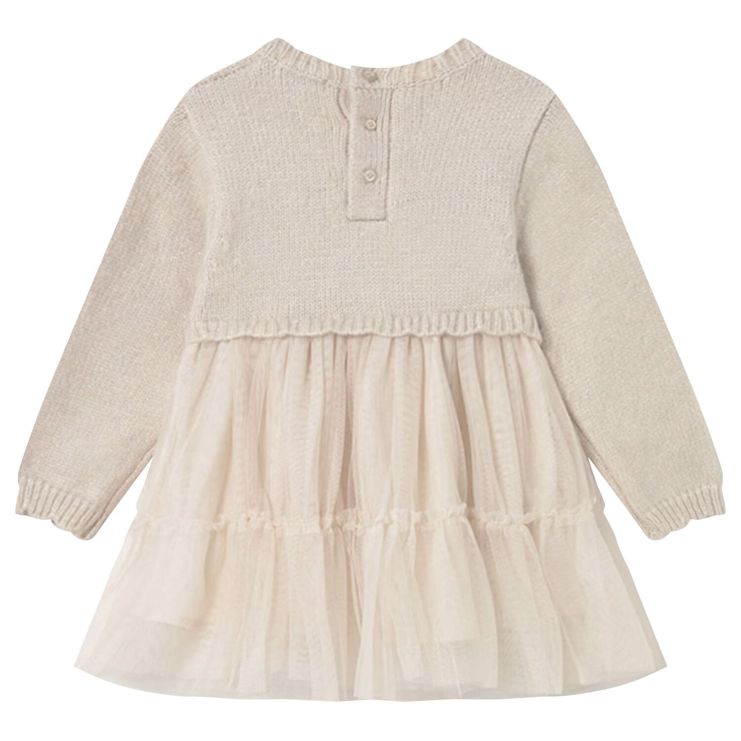 Younger Girls Beige Knitted & Tulle Dress, 2, hi-res image number null