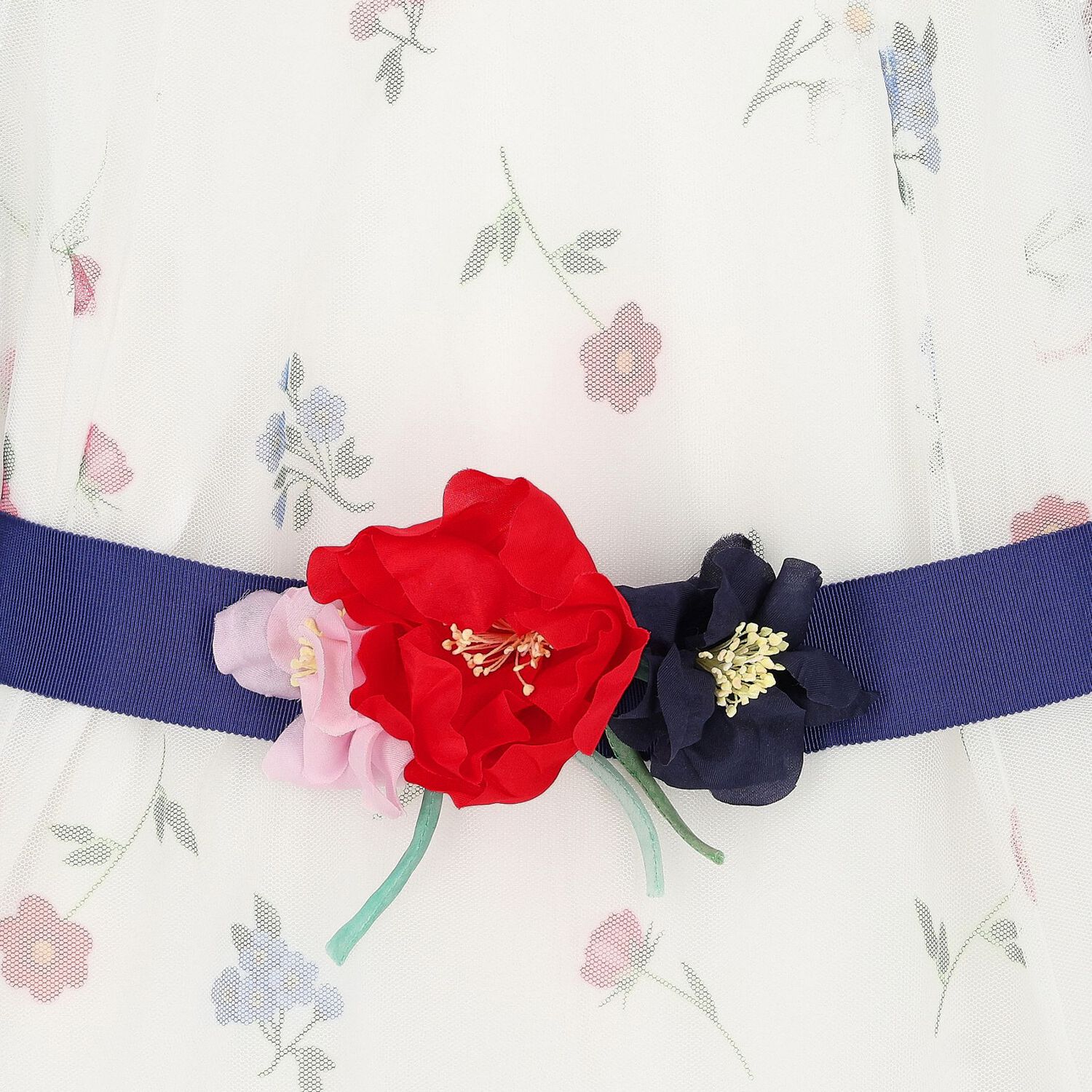 Girls White Floral Tulle Dress, 1, hi-res