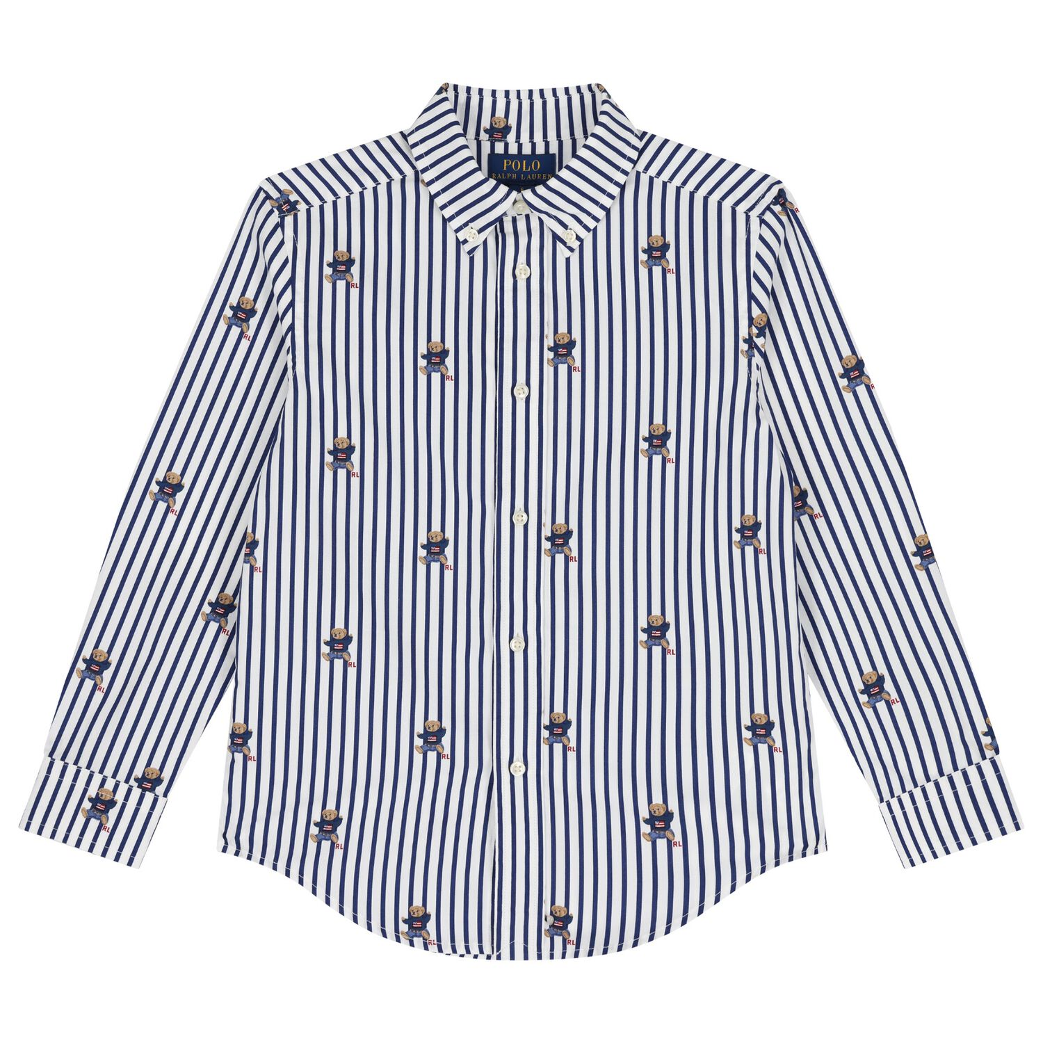 Boys White & Blue Polo Bear Striped Shirt, 1, hi-res