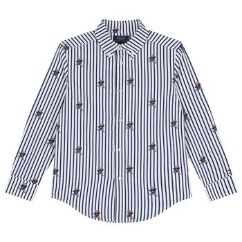 Boys White & Blue Polo Bear Striped Shirt