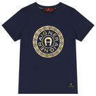 Boys Navy Blue & Gold Logo T-Shirt, 3, hi-res
