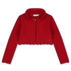 Girls Red Faux Fur Collar Cardigan, 3, hi-res