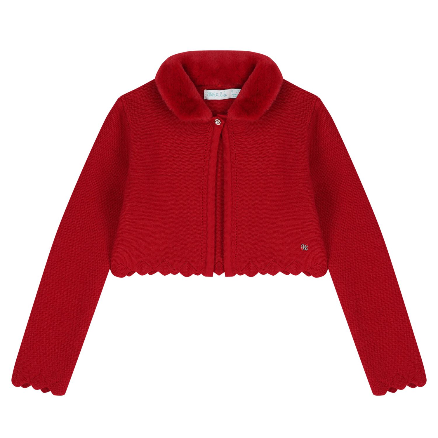 Girls Red Faux Fur Collar Cardigan, 3, hi-res