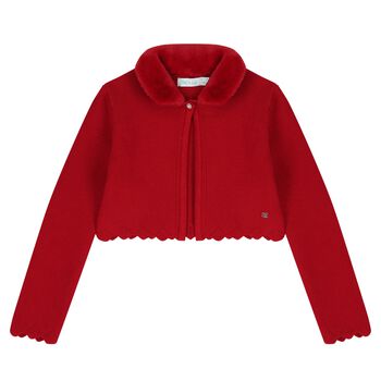 Girls Red Faux Fur Collar Cardigan