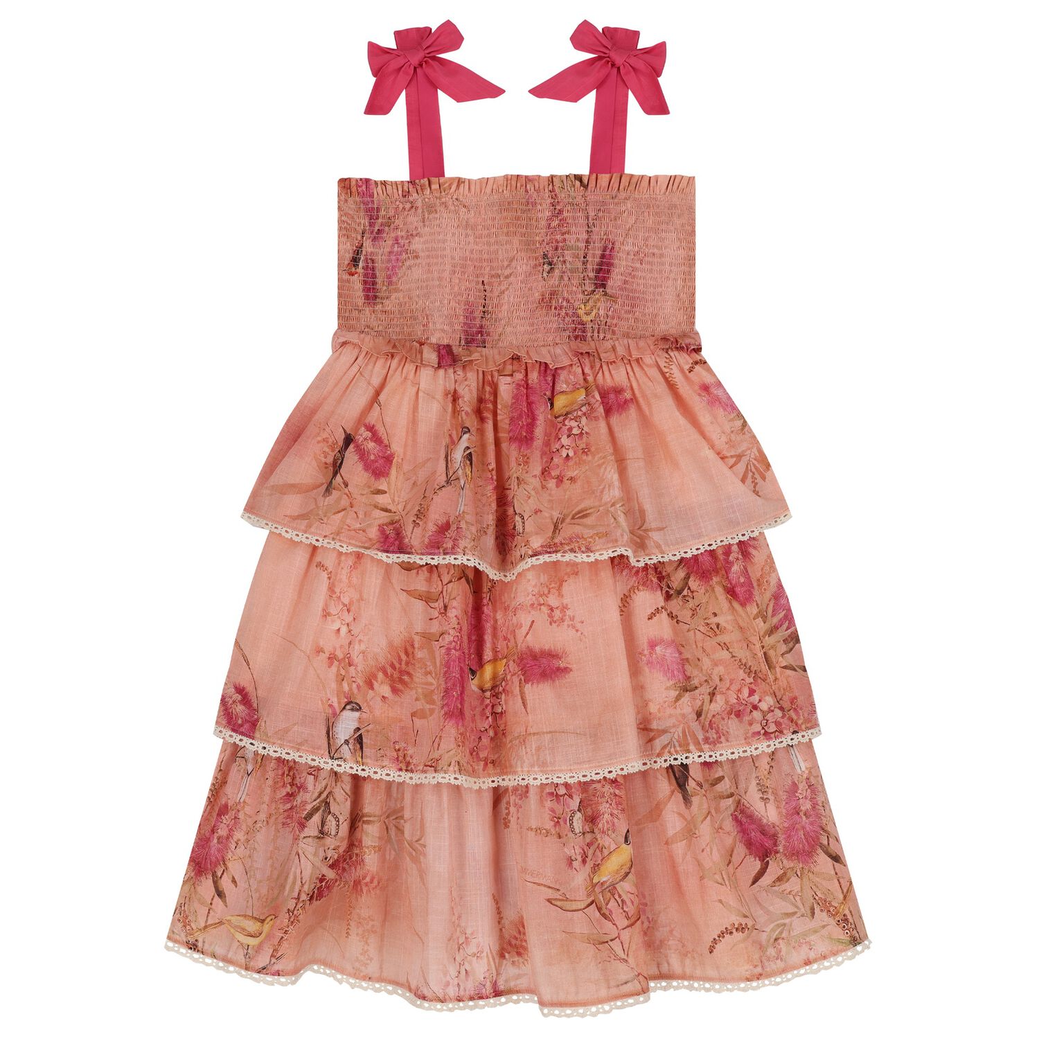 Girls Pink Floral & Bird Tiered Dress, 1, hi-res