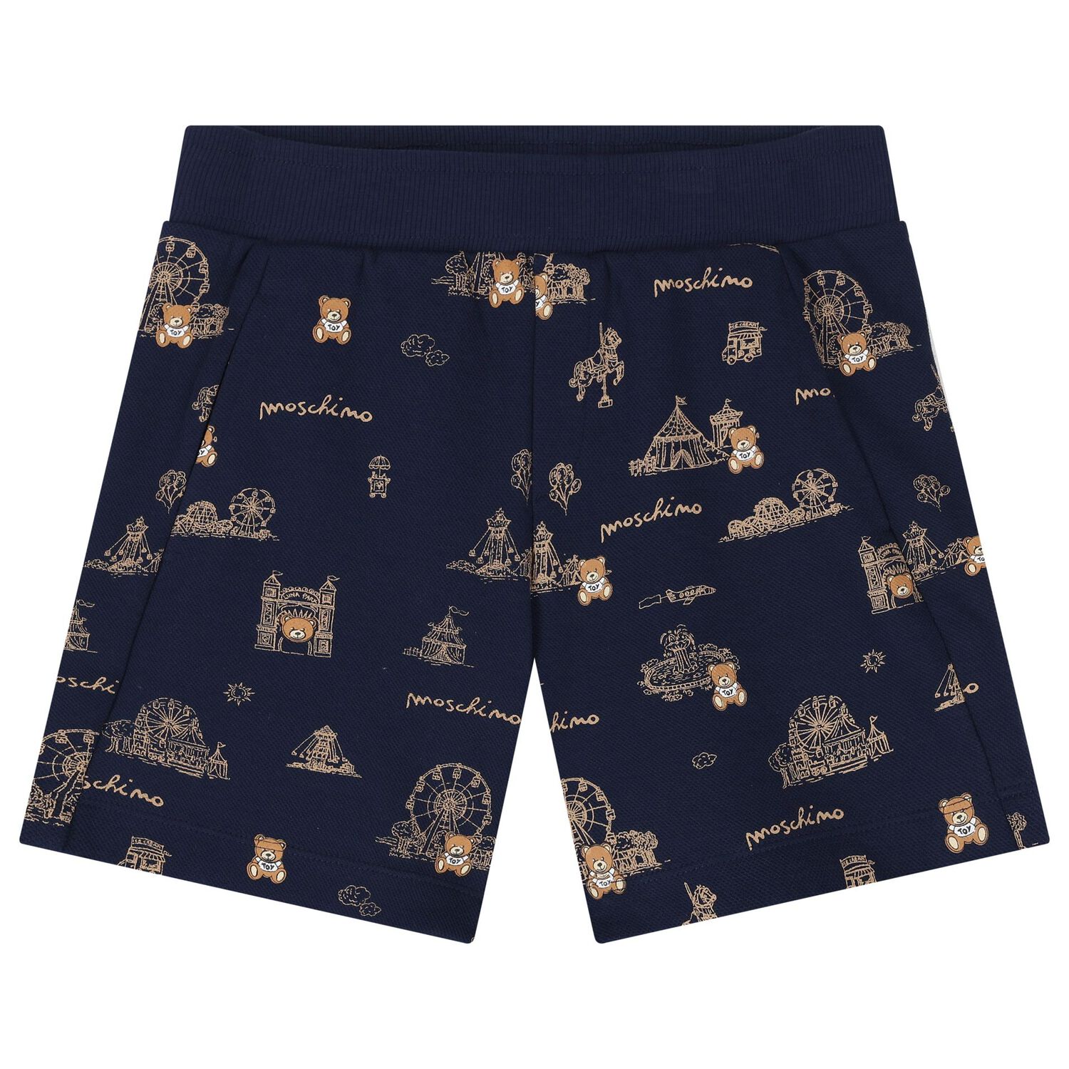 Boys White & Navy Blue Teddy Bear Logo Shorts Set, 1, hi-res