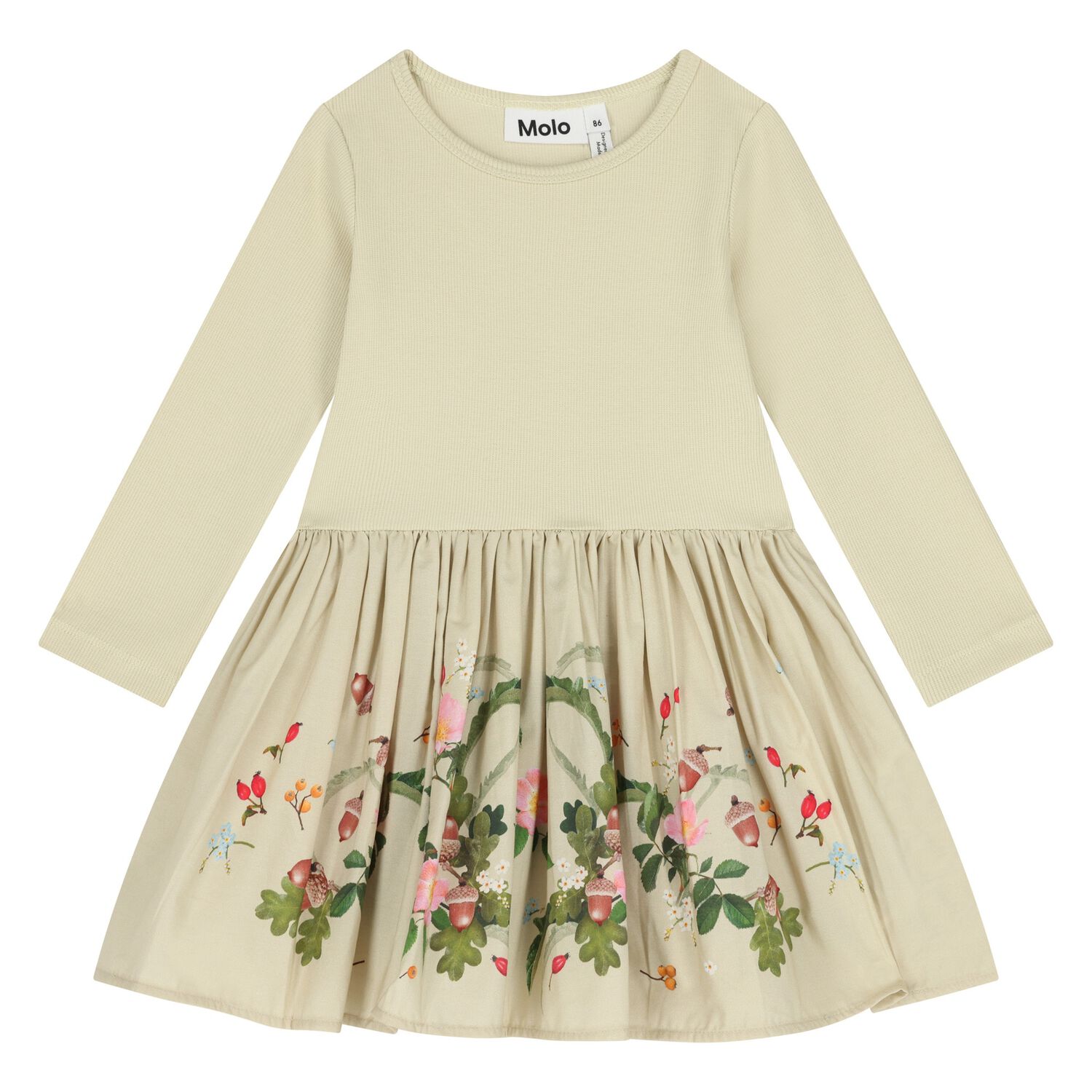 Younger Girls Beige Floral Dress, 1, hi-res