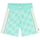 Boys Aqua & White Check Logo Shorts, 2, hi-res